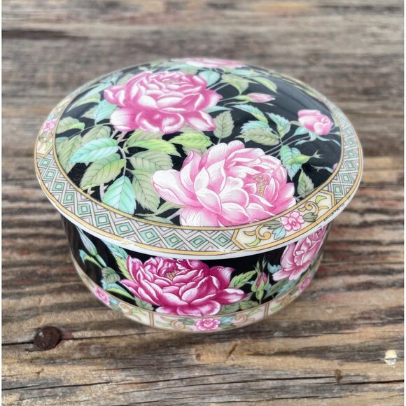 Vintage 1980s Lefton Pink Black Rose Porcelain Trinket box Round - Picture 10 of 10